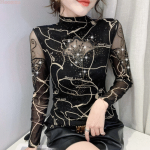 Womens Western Shirts Rhinestone Hollow Mock Neck Party Cocktail Slim Top Blouse