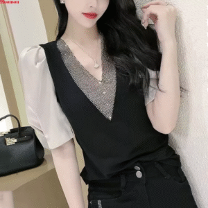 Korean Women Rhinestone V-neck Puff Sleeve Party Cocktail Tops Blouse Shirts