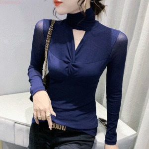 Korean Womens Twist Cut Out High Neck Mesh Slim Fit Party Cocktail Shirts Blouse