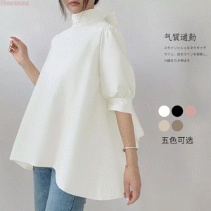 Korean Women Big Bow Puff Sleeve Mock Neck Retro Tunic Shirt Blouse Top Pullover