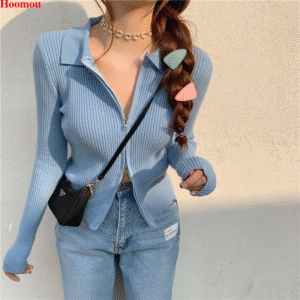 Women Fashion Korean Zip Stretch Slim Cropped Knit Top Sweater Blouse Shirts